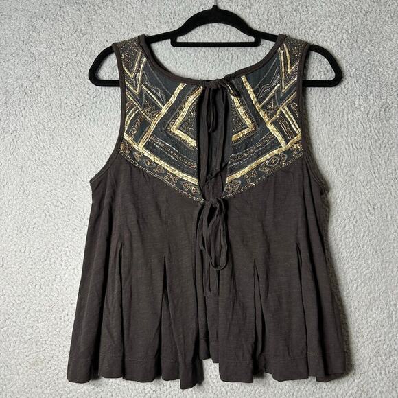 Free People Top Womens S Gray Embroidered Tank Swing‎ Back Cutout Top Boho Flowy - Picture 2 of 11